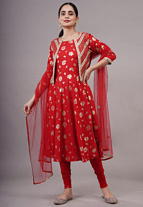 Foil Printed Cotton Aline Suit in Red
