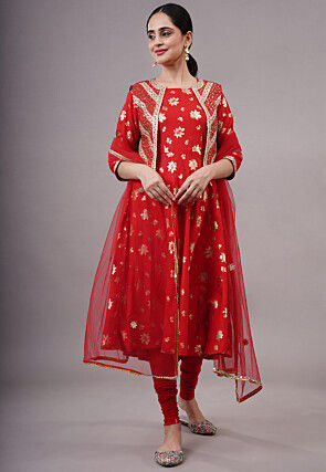 Foil Printed Cotton Aline Suit in Red