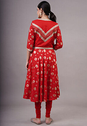 Foil Printed Cotton Aline Suit in Red