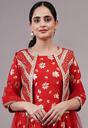 Foil Printed Cotton Aline Suit in Red