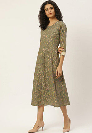 Foil Printed Cotton Anarkali Kurta in Grey