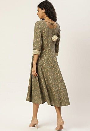 Foil Printed Cotton Anarkali Kurta in Grey