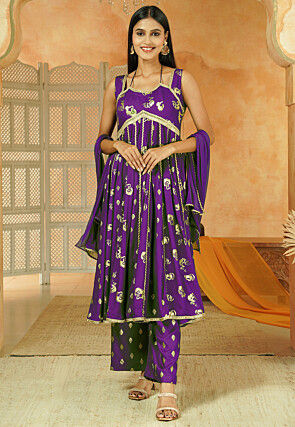 Foil Printed Cotton Anarkali Suit in Dark Purple