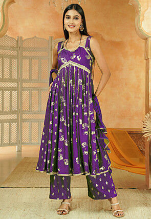 Foil Printed Cotton Anarkali Suit in Dark Purple