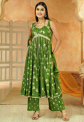 Foil Printed Cotton Anarkali Suit in Green