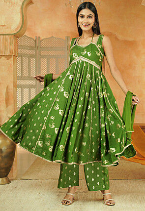 Foil Printed Cotton Anarkali Suit in Green