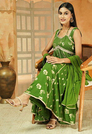 Foil Printed Cotton Anarkali Suit in Green