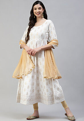 Foil Printed Cotton Anarkali Suit in Off White