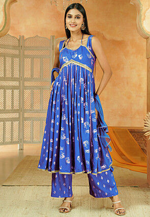 Foil Printed Cotton Anarkali Suit in Royal Blue