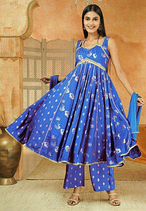 Foil Printed Cotton Anarkali Suit in Royal Blue