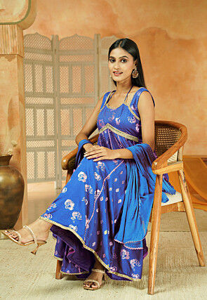 Foil Printed Cotton Anarkali Suit in Royal Blue
