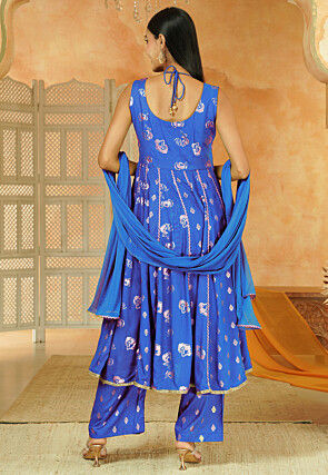 Foil Printed Cotton Anarkali Suit in Royal Blue