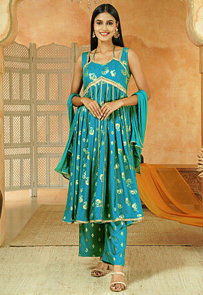 Foil Printed Cotton Anarkali Suit in Sky Blue