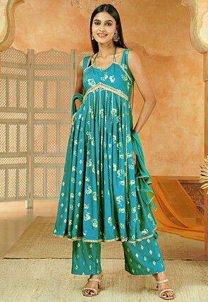 Foil Printed Cotton Anarkali Suit in Sky Blue