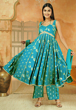 Foil Printed Cotton Anarkali Suit in Sky Blue