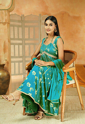 Foil Printed Cotton Anarkali Suit in Sky Blue