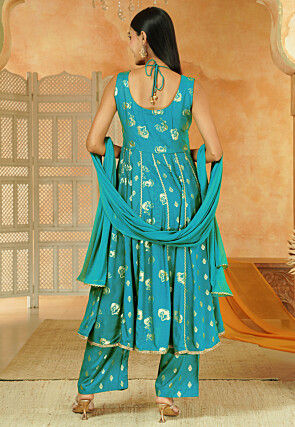Foil Printed Cotton Anarkali Suit in Sky Blue