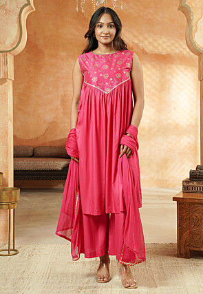 Foil Printed Cotton and Art Silk Pakistani Suit in Pink