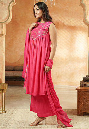 Foil Printed Cotton and Art Silk Pakistani Suit in Pink