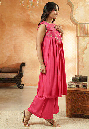 Foil Printed Cotton and Art Silk Pakistani Suit in Pink