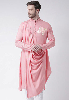 Foil Printed Cotton Asymmetric Kurta in Pink