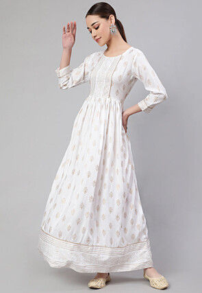 Foil Printed Cotton Flared Kurta in Off White