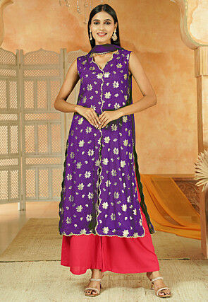 Foil Printed Cotton Front Slit Pakistani Suit in Dark Purple