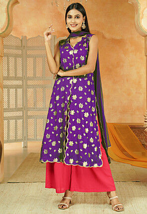 Foil Printed Cotton Front Slit Pakistani Suit in Dark Purple