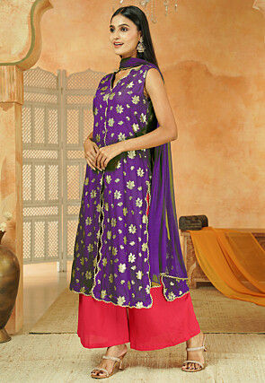 Foil Printed Cotton Front Slit Pakistani Suit in Dark Purple