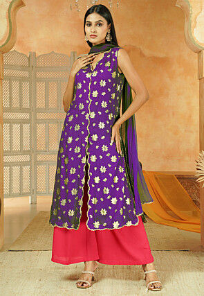 Foil Printed Cotton Front Slit Pakistani Suit in Dark Purple