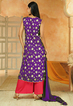 Foil Printed Cotton Front Slit Pakistani Suit in Dark Purple