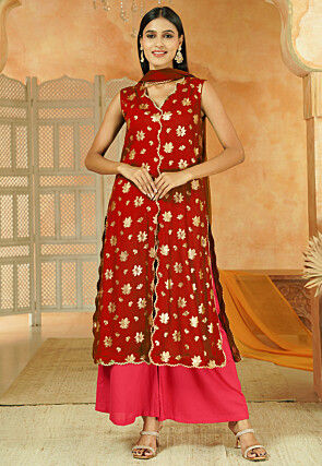 Foil Printed Cotton Front Slit Pakistani Suit in Red