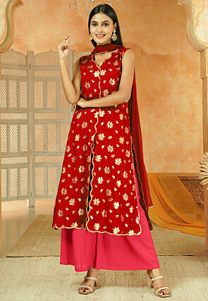 Foil Printed Cotton Front Slit Pakistani Suit in Red