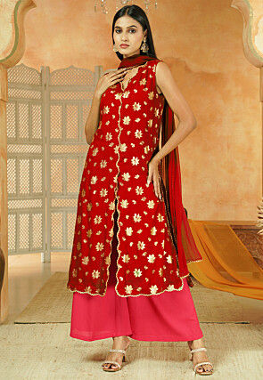 Foil Printed Cotton Front Slit Pakistani Suit in Red