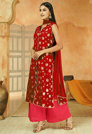 Foil Printed Cotton Front Slit Pakistani Suit in Red