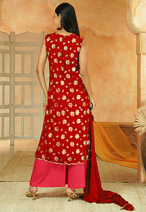 Foil Printed Cotton Front Slit Pakistani Suit in Red
