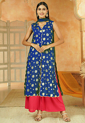 Foil Printed Cotton Front Slit Pakistani Suit in Royal Blue