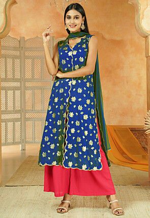 Foil Printed Cotton Front Slit Pakistani Suit in Royal Blue