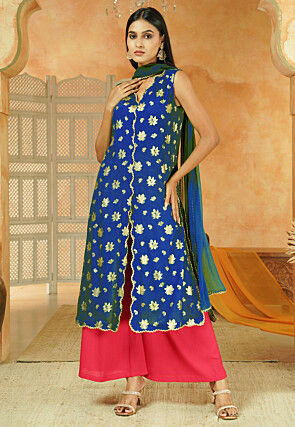 Foil Printed Cotton Front Slit Pakistani Suit in Royal Blue