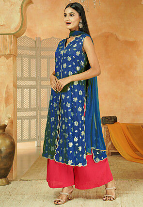 Foil Printed Cotton Front Slit Pakistani Suit in Royal Blue