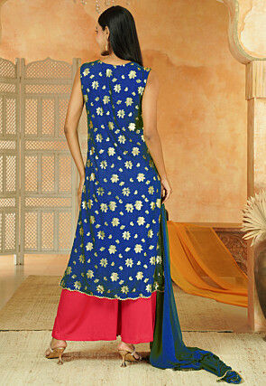 Foil Printed Cotton Front Slit Pakistani Suit in Royal Blue