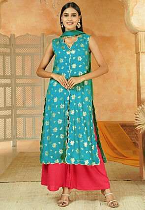 Foil Printed Cotton Front Slit Pakistani Suit in Sky Blue