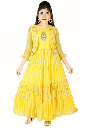 Foil Printed Cotton Gown in Yellow