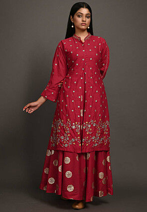 Foil Printed Cotton Jacket Style Kurta in Red