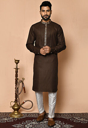 Foil Printed Cotton Kurta Set in Brown