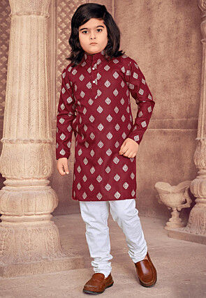 Foil Printed Cotton Kurta Set in Maroon