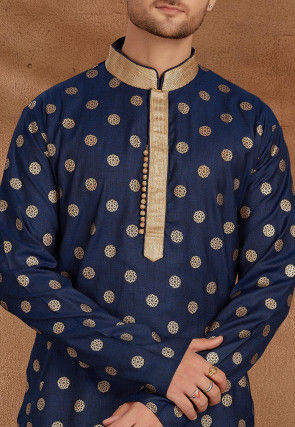 Foil Printed Cotton Kurta Set in Navy Blue