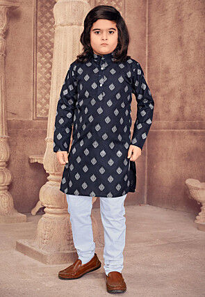 Foil Printed Cotton Kurta Set in Navy Blue