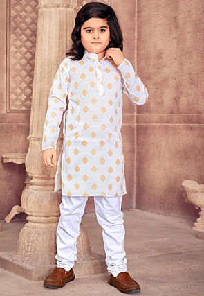 Foil Printed Cotton Kurta Set in Off White
