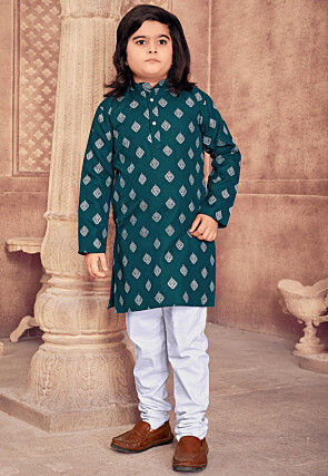 Foil Printed Cotton Kurta Set in Teal Green